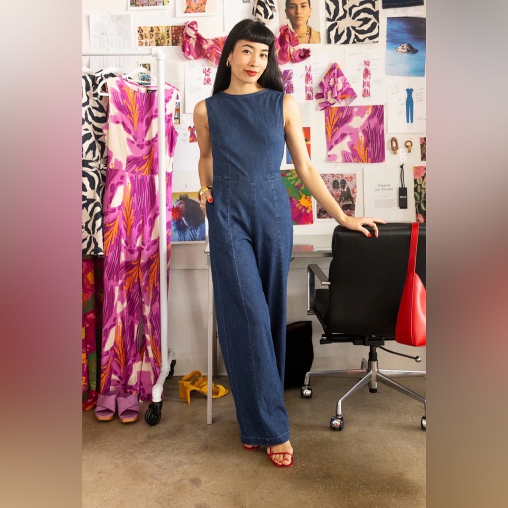 Mixed by Nasrin Boatneck Jumpsuit in Denim Blue XS Stretch Wide Leg $175 - Picture 4 of 11
